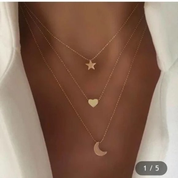 Rockabit Jewelry - NEW Boho Dainty Moon Heart Star Gold Layered Chain Necklace A0107